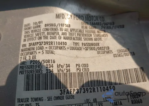 2002 Ford Focus Zx5 from USA, damaged, VIN 3FAFP37392R110450